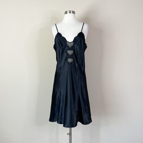 Vintage | 90s Heart Cut Out Black Satin Erika Taylor Lingerie Dress Night Gown L - Picture 2 of 7